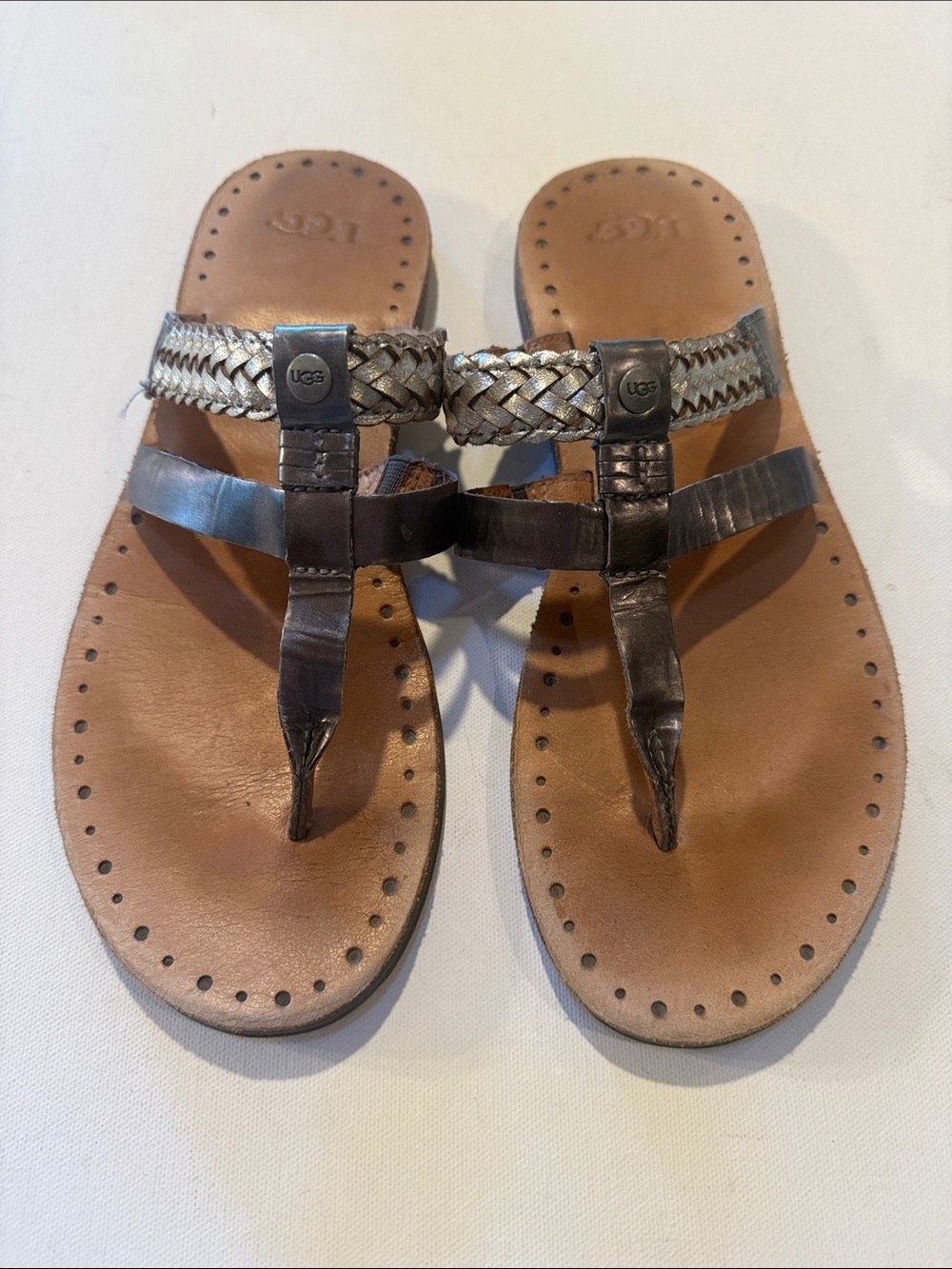 UGG Women's Brown and Metallic Braided Thong Sandals